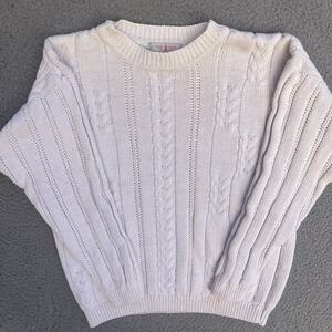 Vintage American Weekend Sweater Womens Medium White Cable Knit Long Sleeve Crew